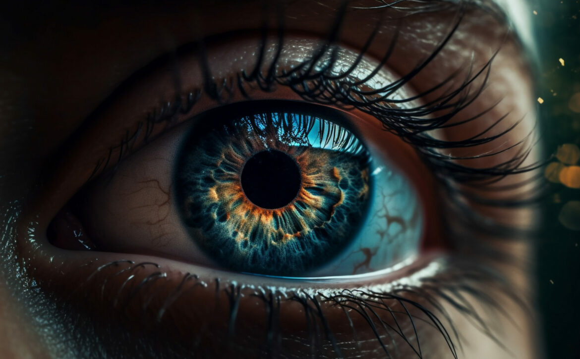 Close up of a young woman blue eye, staring at camera generated by AI